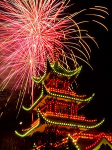 Preview wallpaper pagoda, temple, architecture, backlight, fireworks, celebration, dark