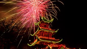 Preview wallpaper pagoda, temple, architecture, backlight, fireworks, celebration, dark