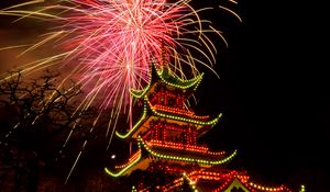 Preview wallpaper pagoda, temple, architecture, backlight, fireworks, celebration, dark