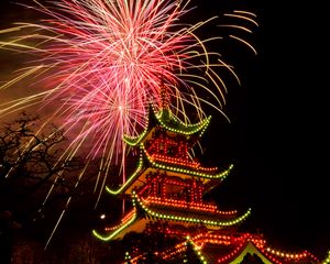 Preview wallpaper pagoda, temple, architecture, backlight, fireworks, celebration, dark