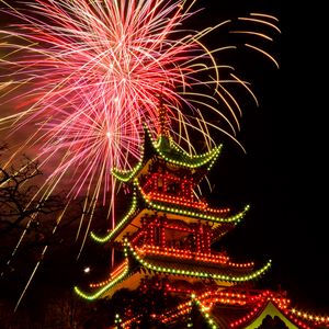 Preview wallpaper pagoda, temple, architecture, backlight, fireworks, celebration, dark