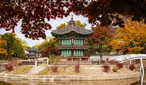 Preview wallpaper pagoda, temple, architecture, leaves