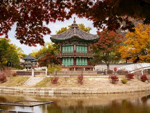 Preview wallpaper pagoda, temple, architecture, leaves