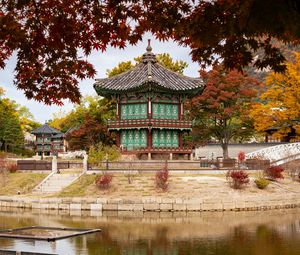 Preview wallpaper pagoda, temple, architecture, leaves