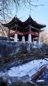 Preview wallpaper pagoda, temple, architecture, trees, snow, landscape