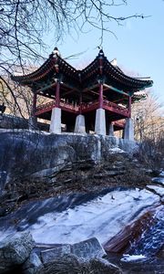 Preview wallpaper pagoda, temple, architecture, trees, snow, landscape