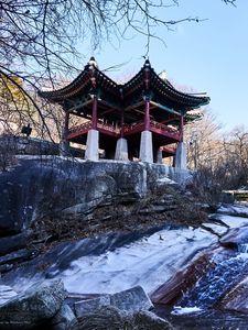 Preview wallpaper pagoda, temple, architecture, trees, snow, landscape