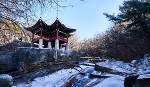 Preview wallpaper pagoda, temple, architecture, trees, snow, landscape