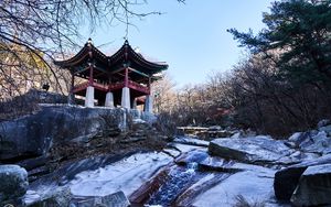 Preview wallpaper pagoda, temple, architecture, trees, snow, landscape