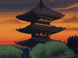 Preview wallpaper pagoda, temple, building, dusk, art