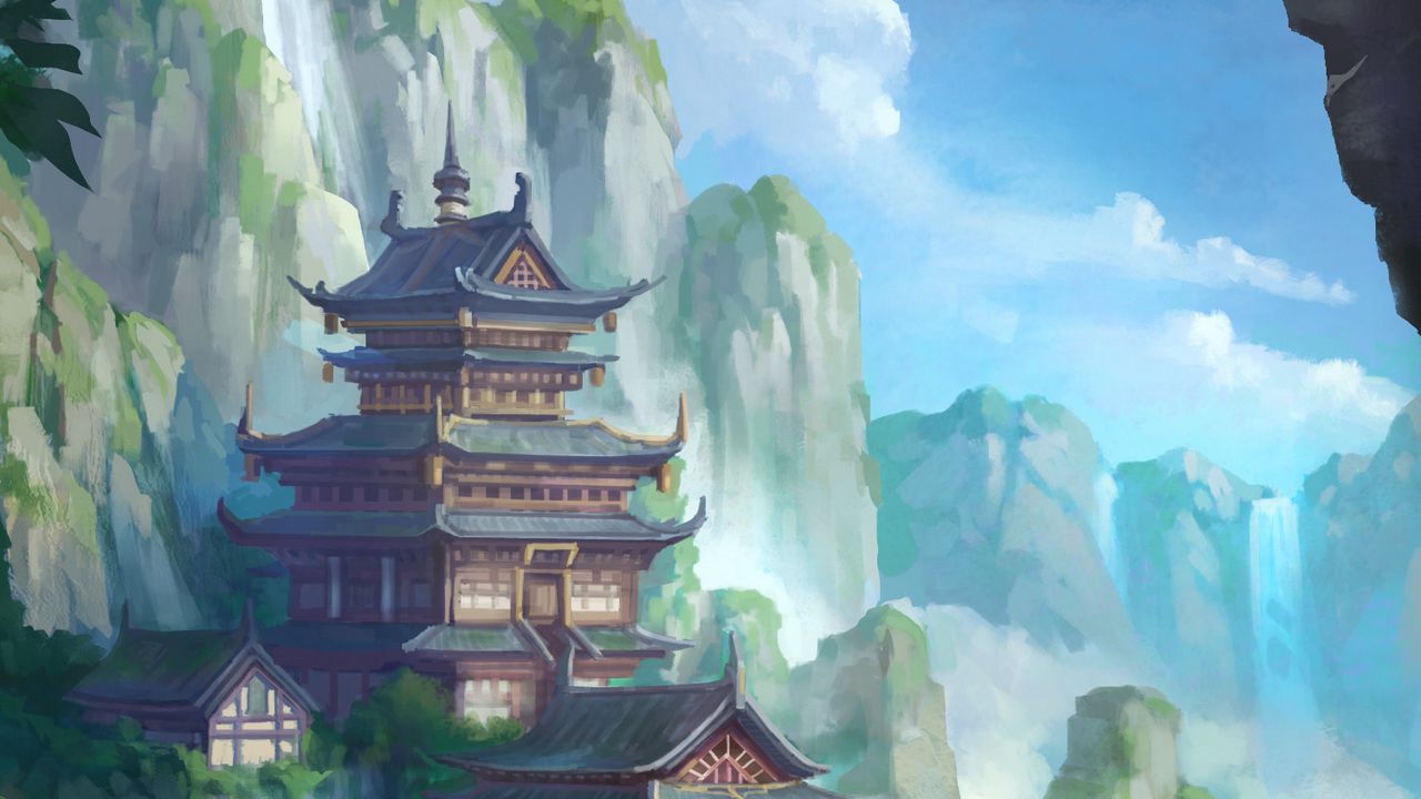 Wallpaper pagoda, temple, building, slope, art