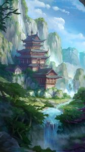 Preview wallpaper pagoda, temple, building, slope, art