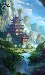 Preview wallpaper pagoda, temple, building, slope, art