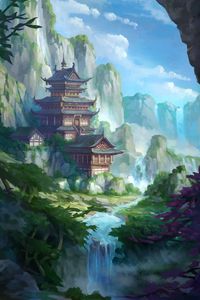 Preview wallpaper pagoda, temple, building, slope, art