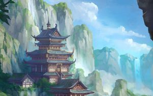 Preview wallpaper pagoda, temple, building, slope, art