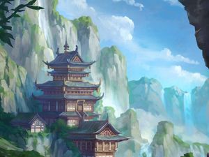 Preview wallpaper pagoda, temple, building, slope, art