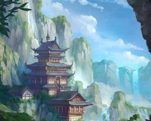 Preview wallpaper pagoda, temple, building, slope, art