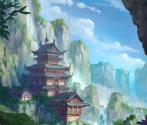 Preview wallpaper pagoda, temple, building, slope, art