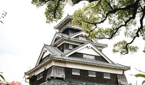 Preview wallpaper pagoda, temple, building, flowers, architecture