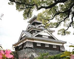 Preview wallpaper pagoda, temple, building, flowers, architecture