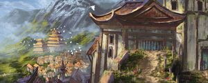 Preview wallpaper pagoda, temple, buildings, city, rocks, art