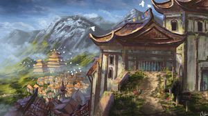 Preview wallpaper pagoda, temple, buildings, city, rocks, art