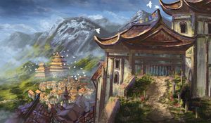 Preview wallpaper pagoda, temple, buildings, city, rocks, art