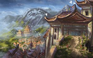 Preview wallpaper pagoda, temple, buildings, city, rocks, art