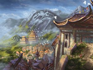 Preview wallpaper pagoda, temple, buildings, city, rocks, art