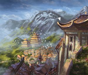 Preview wallpaper pagoda, temple, buildings, city, rocks, art