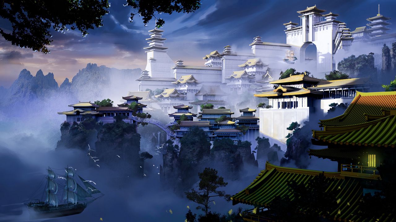 Wallpaper pagoda, temple, castle, fog, art