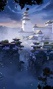 Preview wallpaper pagoda, temple, castle, fog, art