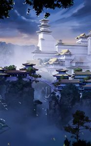 Preview wallpaper pagoda, temple, castle, fog, art