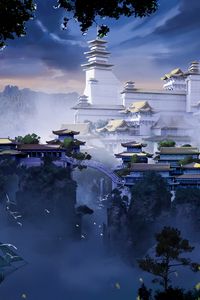 Preview wallpaper pagoda, temple, castle, fog, art