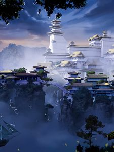 Preview wallpaper pagoda, temple, castle, fog, art