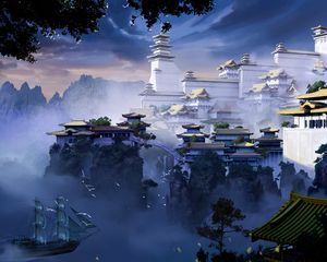 Preview wallpaper pagoda, temple, castle, fog, art