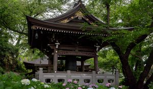 Preview wallpaper pagoda, temple, hydrangea, flowers, japan