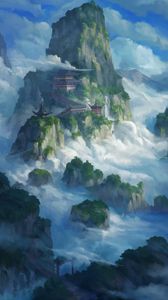 Preview wallpaper pagoda, temple, rocks, fog, art