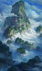 Preview wallpaper pagoda, temple, rocks, fog, art