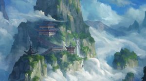 Preview wallpaper pagoda, temple, rocks, fog, art