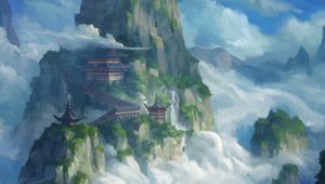 Preview wallpaper pagoda, temple, rocks, fog, art
