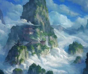 Preview wallpaper pagoda, temple, rocks, fog, art