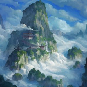 Preview wallpaper pagoda, temple, rocks, fog, art