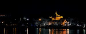 Preview wallpaper pagoda, trees, lights, pond, night, dark