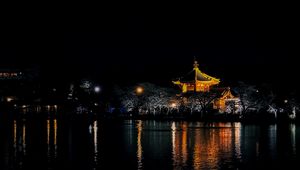 Preview wallpaper pagoda, trees, lights, pond, night, dark