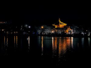 Preview wallpaper pagoda, trees, lights, pond, night, dark