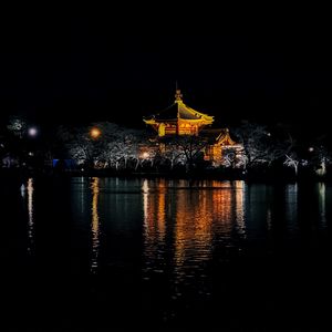 Preview wallpaper pagoda, trees, lights, pond, night, dark