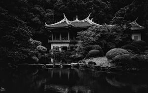 Preview wallpaper pagoda, trees, pond, nature, japan