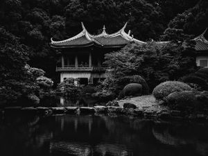 Preview wallpaper pagoda, trees, pond, nature, japan