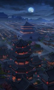 Preview wallpaper pagodas, buildings, architecture, night, aerial view, art